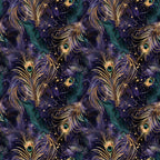 peacock feathers, deep purple, teal green, gold accents, celestial pattern, starry background, repeating motif, luxurious design, jewel tones, ornate feathers, mystical atmosphere,, fabric panel, rich colors, elegant pattern, cosmic theme, decorative swirls, shimmering gold, midnight blue, botanical elements