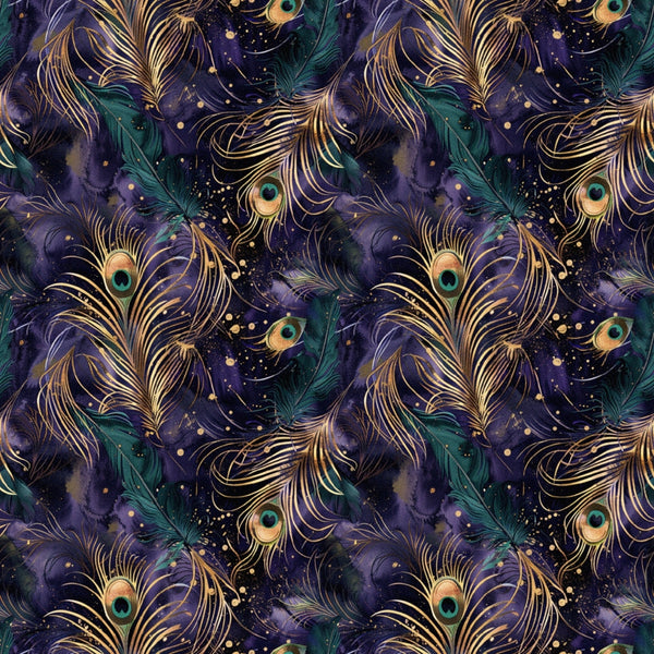peacock feathers, deep purple, teal green, gold accents, celestial pattern, starry background, repeating motif, luxurious design, jewel tones, ornate feathers, mystical atmosphere,, fabric panel, rich colors, elegant pattern, cosmic theme, decorative swirls, shimmering gold, midnight blue, botanical elements