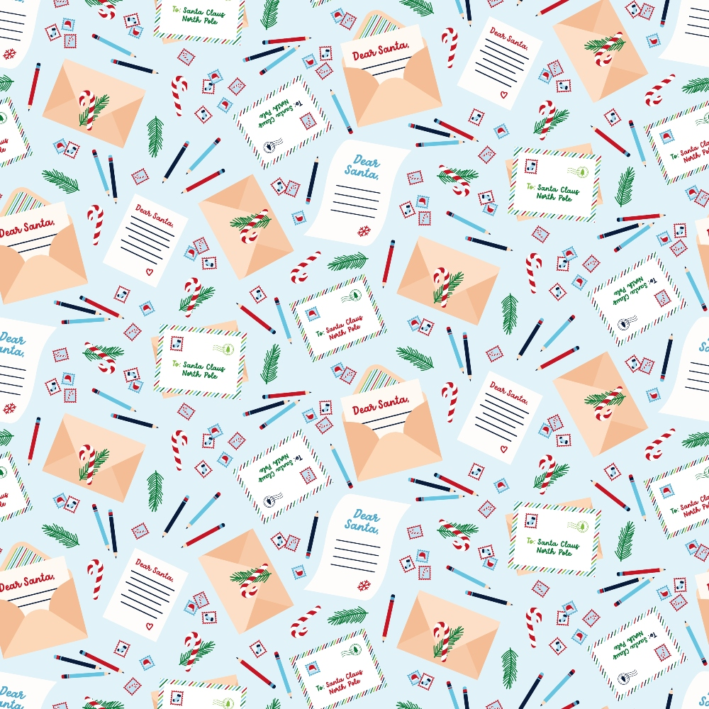 light blue background, christmas letters, dear santa, envelope pattern, candy canes, evergreen sprigs, postage stamps, colored pencils,, fabric panel, holiday theme, red and white stripes, peach envelopes, winter pattern, christmas fabric, scattered design, festive motifs, seasonal quilting, north pole address, holiday correspondence
