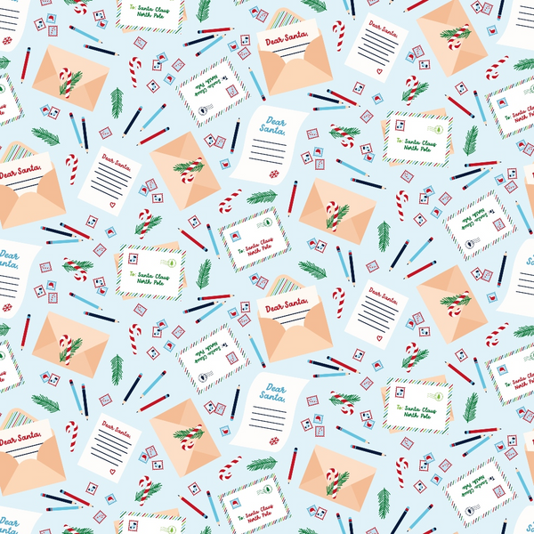light blue background, christmas letters, dear santa, envelope pattern, candy canes, evergreen sprigs, postage stamps, colored pencils,, fabric panel, holiday theme, red and white stripes, peach envelopes, winter pattern, christmas fabric, scattered design, festive motifs, seasonal quilting, north pole address, holiday correspondence