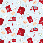 red, white, light blue, peach, christmas pattern, letters to santa, mailboxes, envelopes, postal theme, holiday fabric,, fabric panel, repeating pattern, festive design, winter theme, mail delivery, santa correspondence, craft fabric, sewing material, seasonal motif