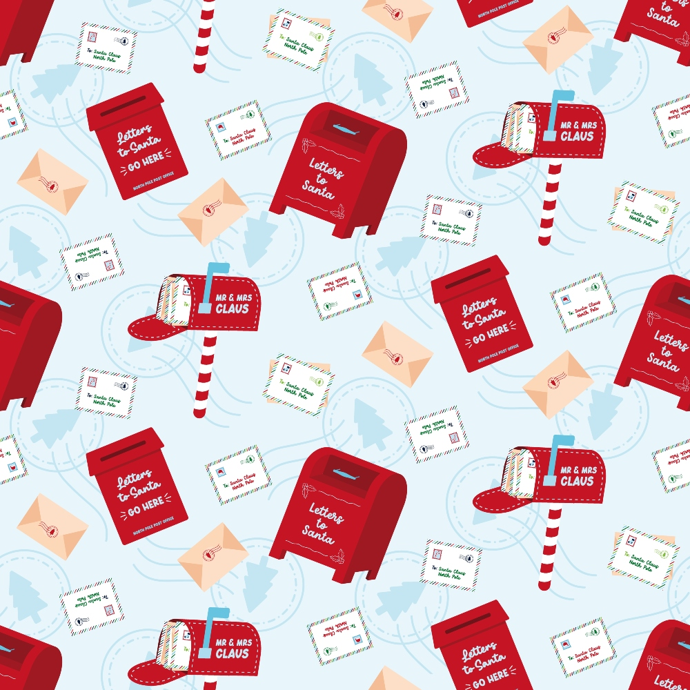 red, white, light blue, peach, christmas pattern, letters to santa, mailboxes, envelopes, postal theme, holiday fabric,, fabric panel, repeating pattern, festive design, winter theme, mail delivery, santa correspondence, craft fabric, sewing material, seasonal motif