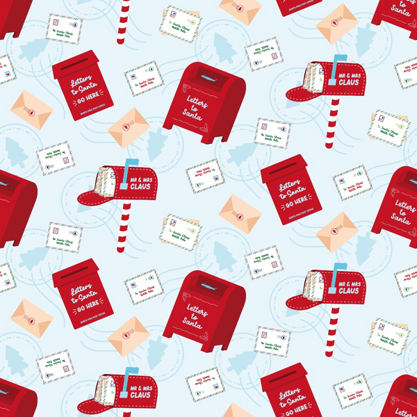 red, white, light blue, peach, christmas pattern, letters to santa, mailboxes, envelopes, postal theme, holiday fabric,, fabric panel, repeating pattern, festive design, winter theme, mail delivery, santa correspondence, craft fabric, sewing material, seasonal motif