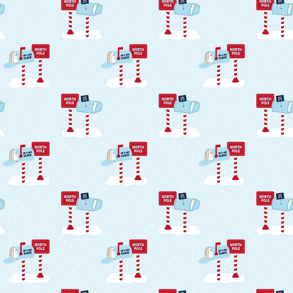 red, white, light blue, north pole, santa claus, christmas, holiday, winter, striped poles, mailbox, letters, snow, repeating pattern,, fabric panel, festive, seasonal, candy cane stripes, postal theme, christmas magic