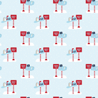 red, white, light blue, north pole, santa claus, christmas, holiday, winter, striped poles, mailbox, letters, snow, repeating pattern,, fabric panel, festive, seasonal, candy cane stripes, postal theme, christmas magic