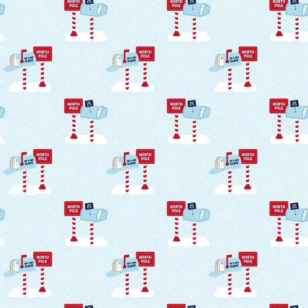 red, white, light blue, north pole, santa claus, christmas, holiday, winter, striped poles, mailbox, letters, snow, repeating pattern,, fabric panel, festive, seasonal, candy cane stripes, postal theme, christmas magic