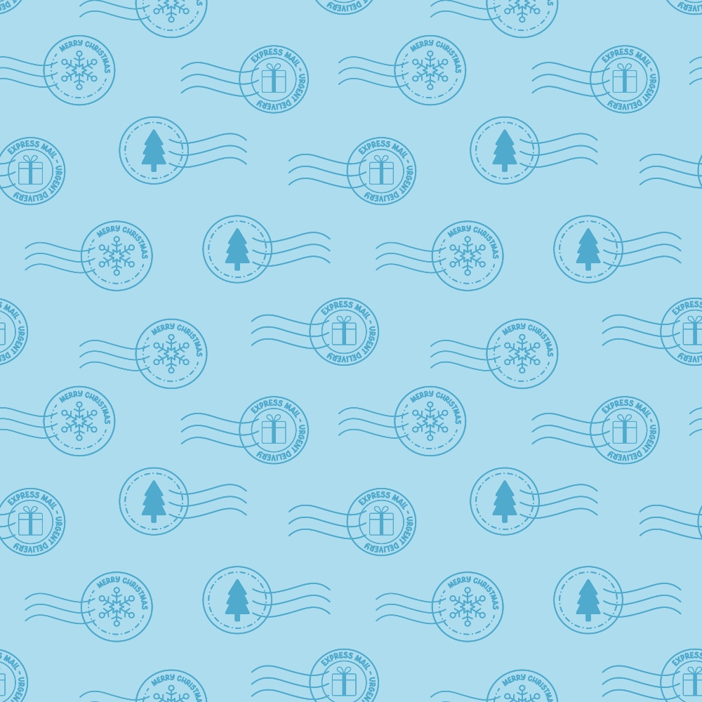 light blue, pale blue, postal stamps, christmas tree, snowflake, gift box, postmark design, wavy lines, holiday motifs, winter theme, repeating pattern,, fabric panel, seasonal design, mail theme, circular stamps, festive elements, monochromatic blue, christmas fabric, holiday quilting