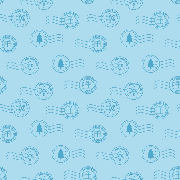 light blue, pale blue, postal stamps, christmas tree, snowflake, gift box, postmark design, wavy lines, holiday motifs, winter theme, repeating pattern,, fabric panel, seasonal design, mail theme, circular stamps, festive elements, monochromatic blue, christmas fabric, holiday quilting