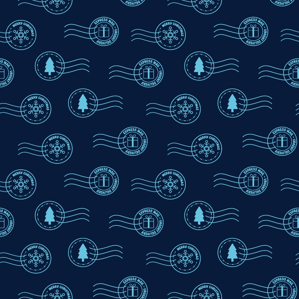 navy blue, dark blue, light blue, postal stamps, postmark design, christmas tree, snowflake, gift box, merry christmas, express mail, delivery themed, winter motifs, circular stamps, wavy lines, repeating pattern,, fabric panel, holiday themed, christmas fabric, postal service