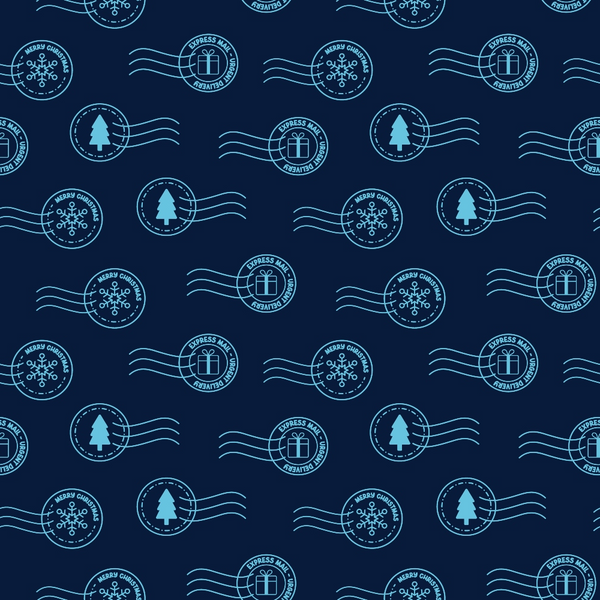 navy blue, dark blue, light blue, postal stamps, postmark design, christmas tree, snowflake, gift box, merry christmas, express mail, delivery themed, winter motifs, circular stamps, wavy lines, repeating pattern,, fabric panel, holiday themed, christmas fabric, postal service