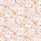 pink background, christmas letters, santa correspondence, candy canes, evergreen branches, pencils, envelopes, postage stamps, dear santa text, holiday writing, festive stationery, red accents, green foliage, scattered pattern, christmas theme,, fabric panel, holiday crafting, winter motifs, cheerful design