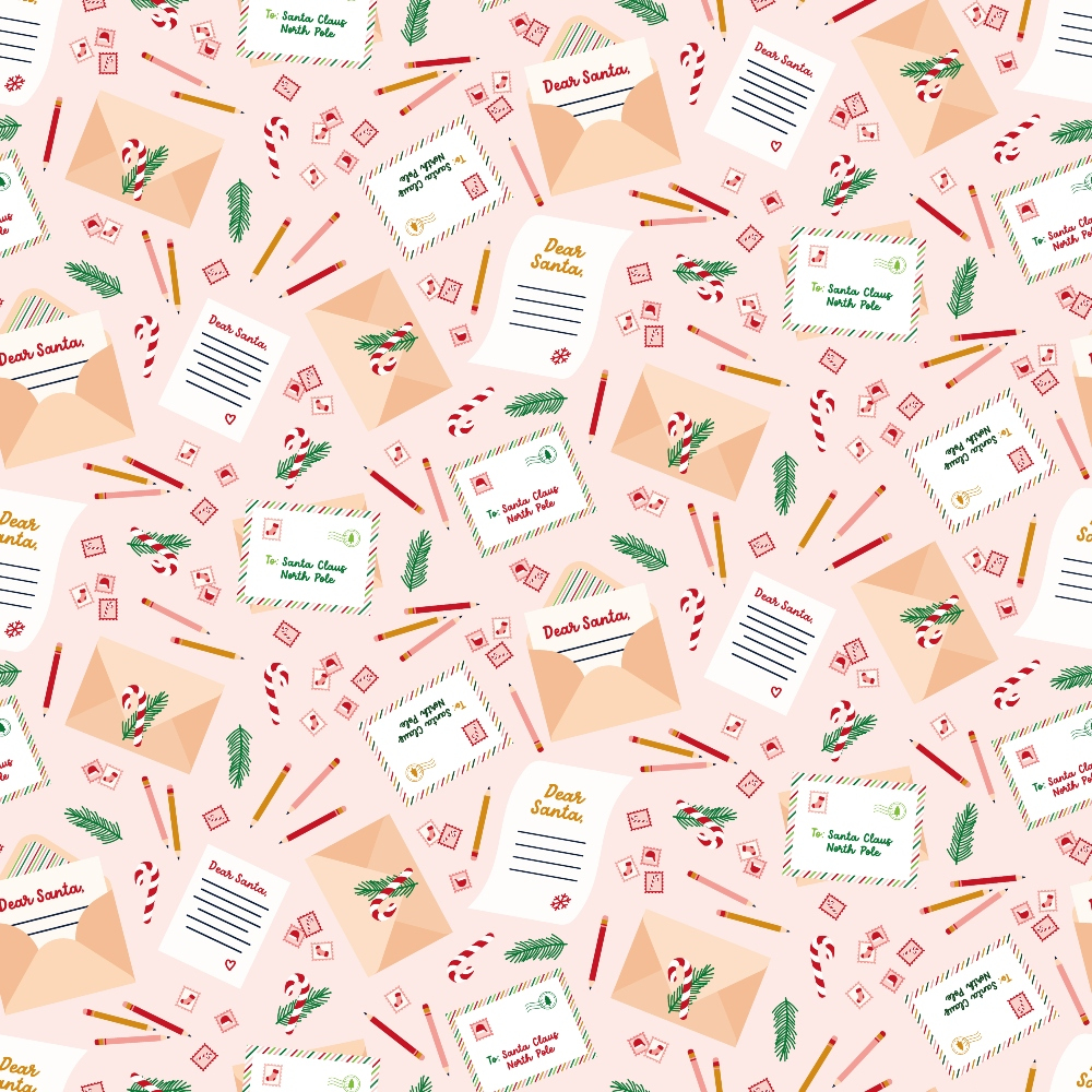 pink background, christmas letters, santa correspondence, candy canes, evergreen branches, pencils, envelopes, postage stamps, dear santa text, holiday writing, festive stationery, red accents, green foliage, scattered pattern, christmas theme,, fabric panel, holiday crafting, winter motifs, cheerful design