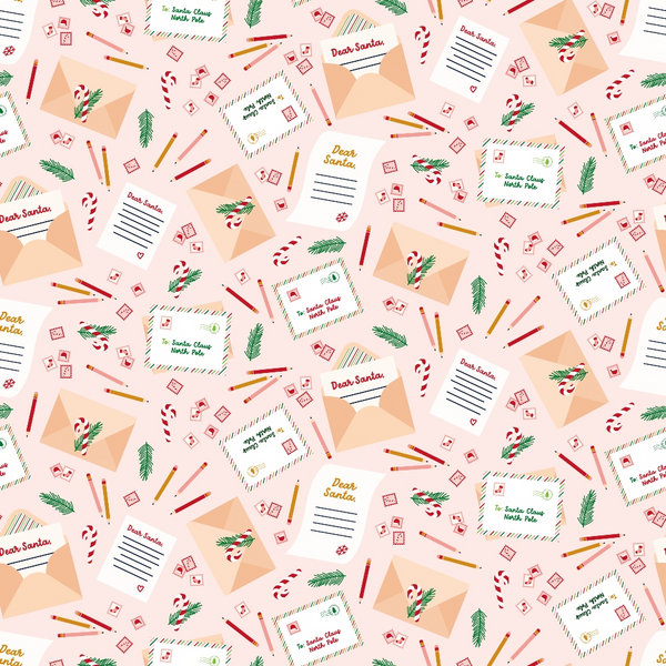 pink background, christmas letters, santa correspondence, candy canes, evergreen branches, pencils, envelopes, postage stamps, dear santa text, holiday writing, festive stationery, red accents, green foliage, scattered pattern, christmas theme,, fabric panel, holiday crafting, winter motifs, cheerful design