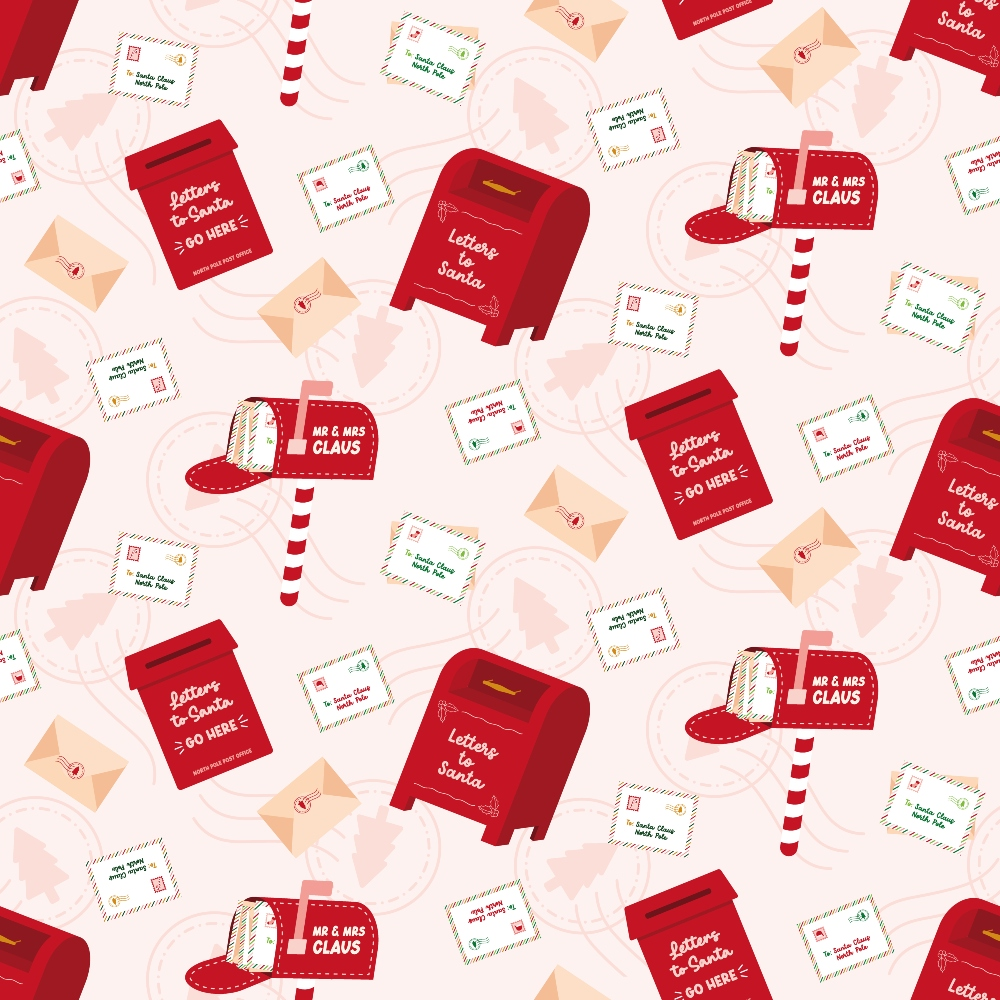 red, pink, cream, beige, christmas, santa letters, mailbox, envelopes, postal theme, holiday pattern, repeating design, festive, winter, mail delivery, correspondence,, fabric panel, seasonal crafting, christmas sewing, holiday quilting