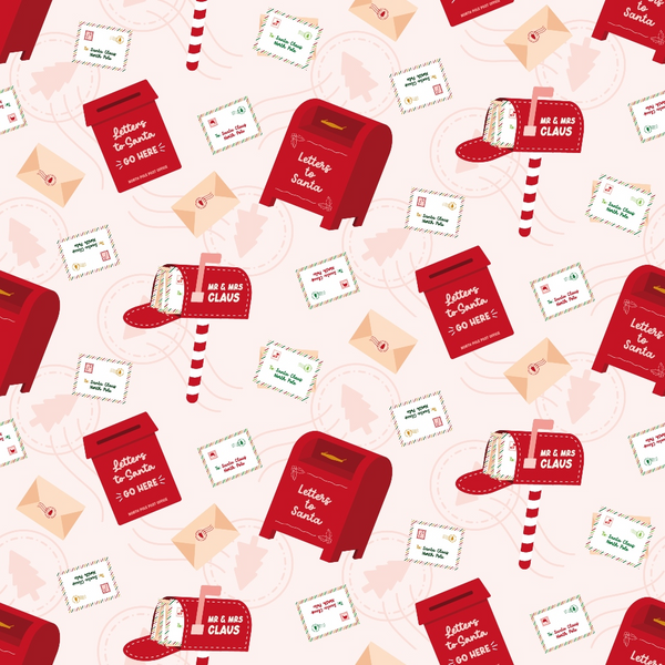 red, pink, cream, beige, christmas, santa letters, mailbox, envelopes, postal theme, holiday pattern, repeating design, festive, winter, mail delivery, correspondence,, fabric panel, seasonal crafting, christmas sewing, holiday quilting