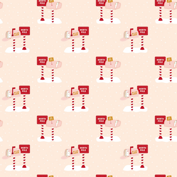 north pole signs, red and white stripes, candy cane poles, christmas mailbox, beige background, holiday pattern,, fabric panel, festive design, winter theme, santa's workshop, postal elements, repeating motif, christmas decor, seasonal fabric, craft material, patchwork design, holiday sewing, red signage, striped posts