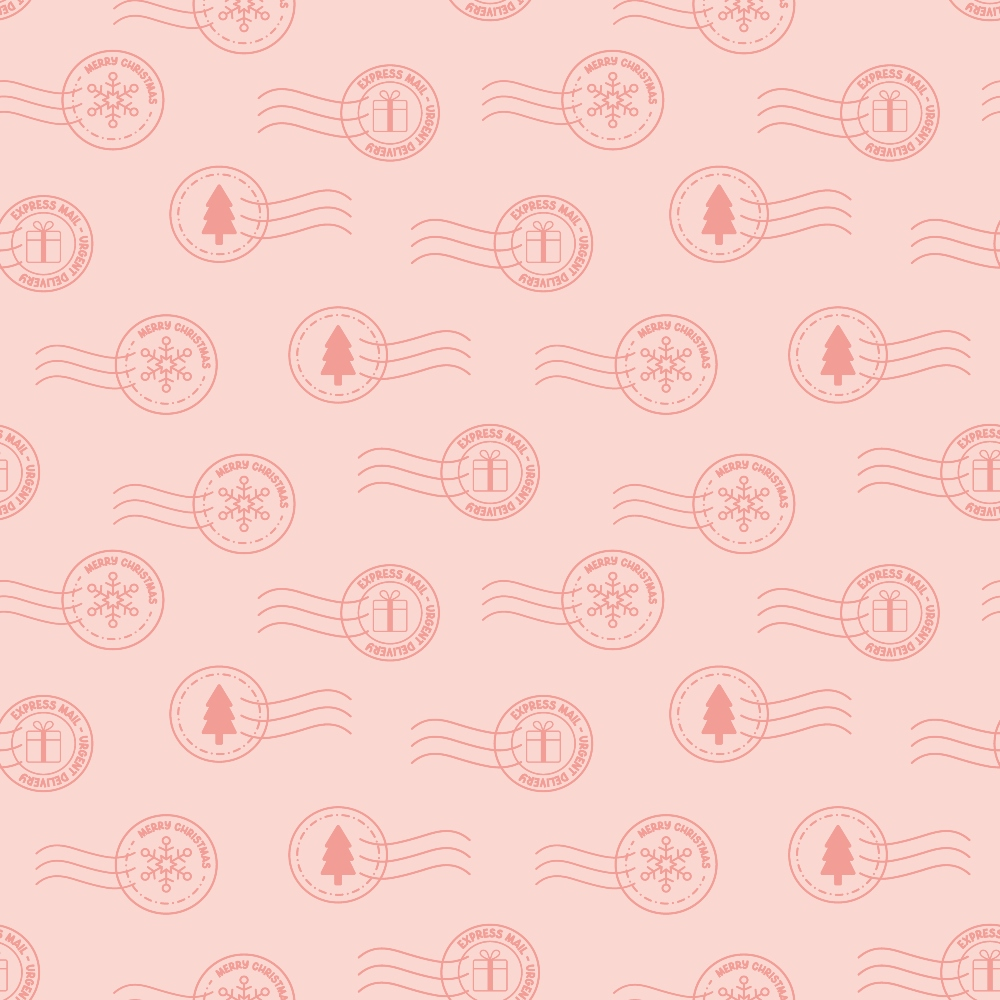 pink background, coral red, postmark stamps, christmas tree, snowflake, gift box, postal cancellation marks, wavy lines, circular stamps, holiday motifs, festive pattern, repeating design,, fabric panel, christmas theme, winter elements, mail theme, postal design, seasonal fabric, soft pink