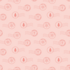 pink background, coral red, postmark stamps, christmas tree, snowflake, gift box, postal cancellation marks, wavy lines, circular stamps, holiday motifs, festive pattern, repeating design,, fabric panel, christmas theme, winter elements, mail theme, postal design, seasonal fabric, soft pink