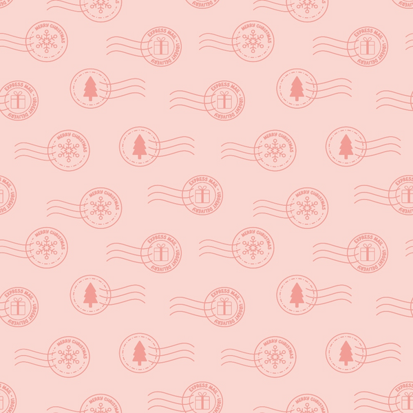 pink background, coral red, postmark stamps, christmas tree, snowflake, gift box, postal cancellation marks, wavy lines, circular stamps, holiday motifs, festive pattern, repeating design,, fabric panel, christmas theme, winter elements, mail theme, postal design, seasonal fabric, soft pink