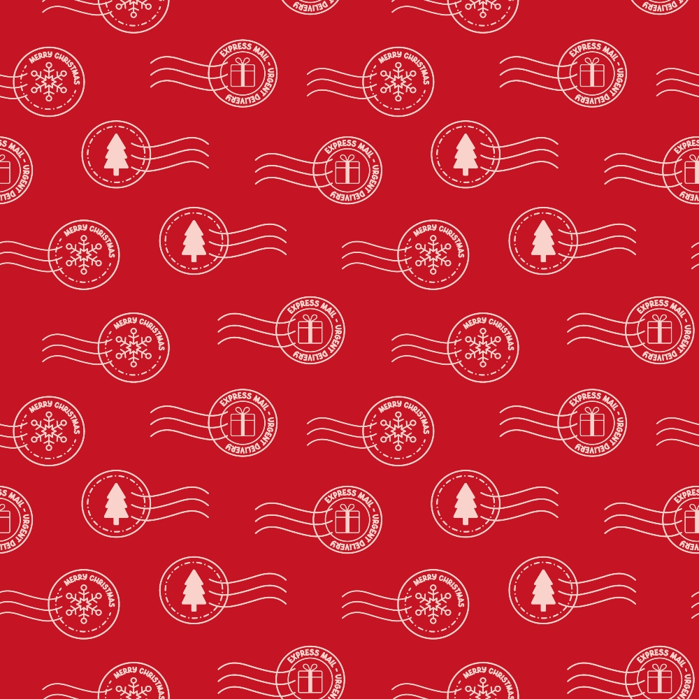 red background, white stamps, postmarks, christmas tree, snowflake, gift box, merry christmas, express mail, postal theme, holiday motifs, repeating pattern,, fabric panel, festive design, winter elements, circular stamps, wavy lines, christmas fabric, holiday sewing, seasonal pattern
