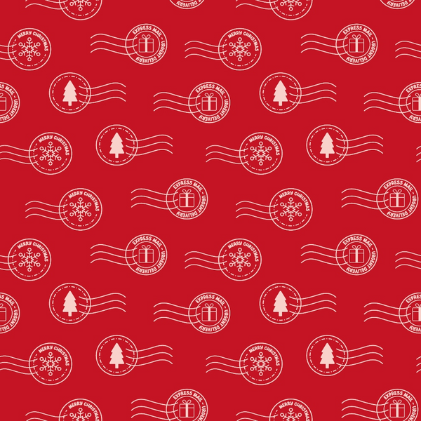 red background, white stamps, postmarks, christmas tree, snowflake, gift box, merry christmas, express mail, postal theme, holiday motifs, repeating pattern,, fabric panel, festive design, winter elements, circular stamps, wavy lines, christmas fabric, holiday sewing, seasonal pattern