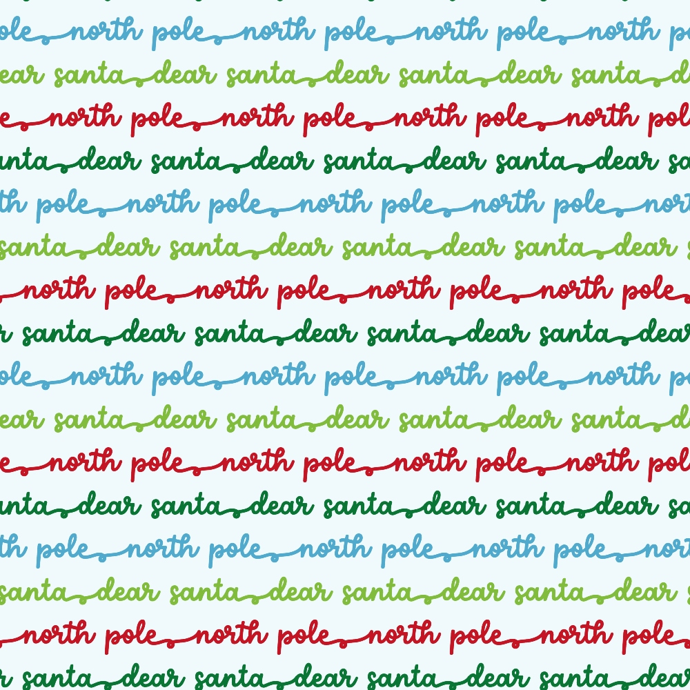 blue, green, red, repeating text, north pole, dear santa, script lettering, christmas theme, holiday fabric,, fabric panel, winter motif, santa letters, cursive writing, festive colors, seasonal pattern, craft fabric, cotton material, holiday crafting, christmas sewing