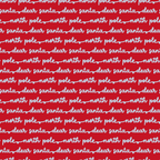 red background, white text, christmas fabric, holiday pattern, santa theme, north pole, dear santa, script lettering, festive design,, fabric panel, seasonal crafting, christmas sewing, holiday quilting, winter theme, bright red, cursive font, repeating pattern, christmas motifs