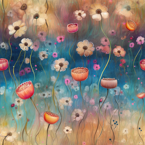 floral pattern, watercolor style, cream flowers, pink blossoms, coral poppies, teal background, golden yellow, whimsical design, botanical motif, dreamy atmosphere, soft pastels, nature inspired, artistic flowers,, fabric panel, delicate petals, flowing stems, abstract florals, feminine colors, spring meadow