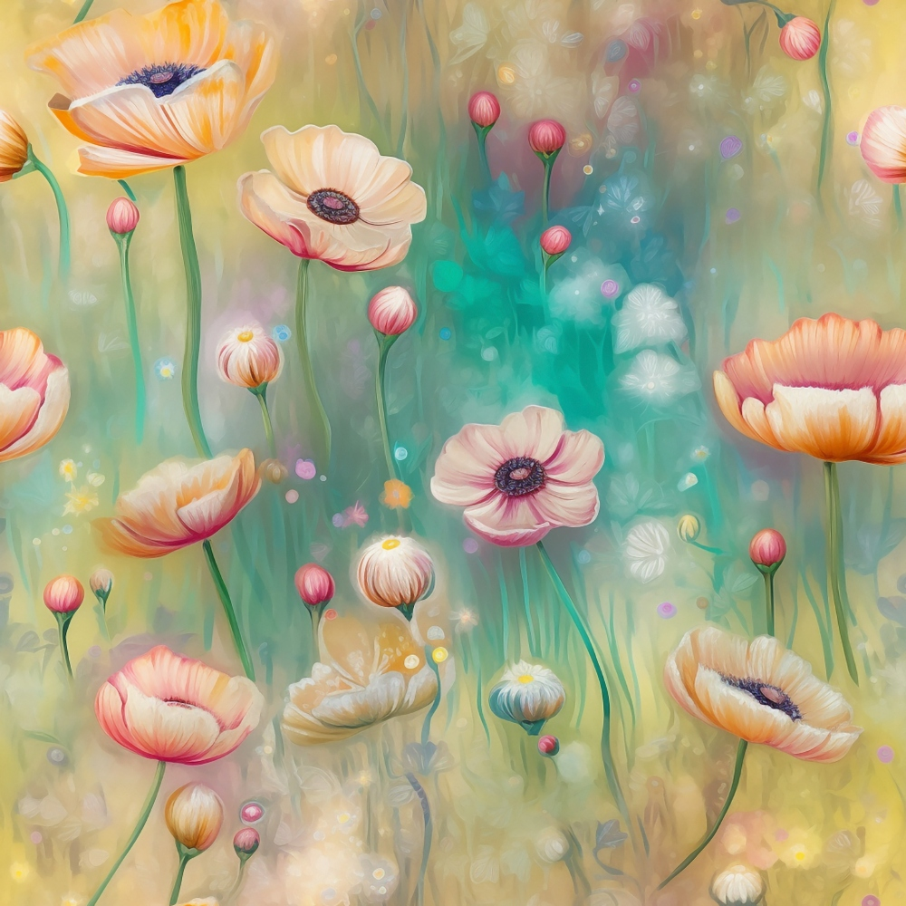 poppies, floral pattern, peach flowers, coral blooms, turquoise background, green stems, botanical design, dreamy watercolor, soft pastels,, fabric panel, delicate buds, whimsical flowers, nature motif, spring blooms, artistic florals, gentle colors, seamless pattern