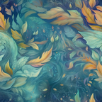 turquoise, teal, golden yellow, orange, deep blue, flowing leaves, swirling patterns, botanical motifs, nature design, whimsical style, dreamy atmosphere, organic shapes,, fabric panel, autumn colors, leaf patterns, wind motion, artistic swirls, natural elements, decorative foliage