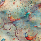 birds, hummingbirds, floral, swirls, whimsical, pastel colors, turquoise, coral, orange, green, purple, watercolor style, flowing design, nature motif,, fabric panel, delicate pattern, artistic birds, botanical elements, dreamy aesthetic