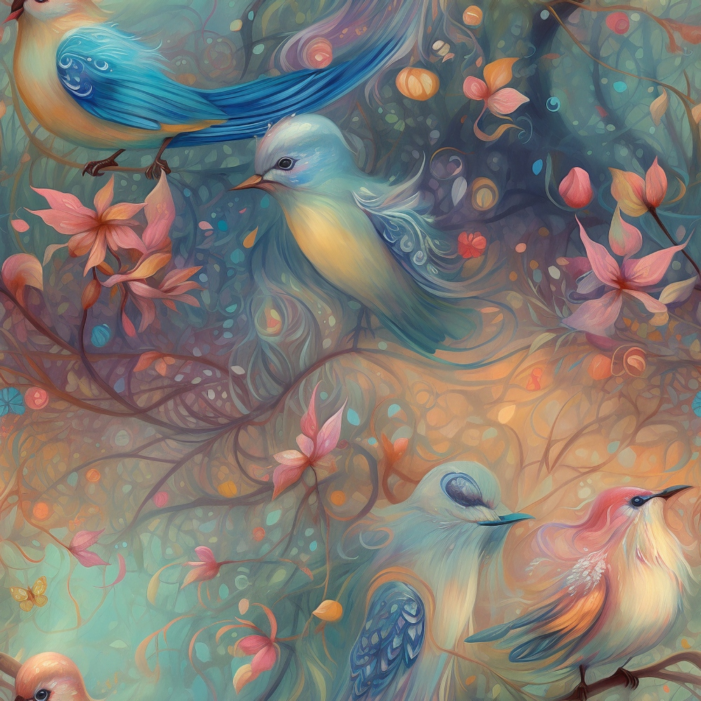 turquoise, coral pink, orange, yellow, sage green, birds, flowers, floral pattern, whimsical art, flowing design, nature motif,, fabric panel, decorative swirls, soft pastels, artistic illustration, botanical elements, feminine colors, dreamy atmosphere, cotton fabric