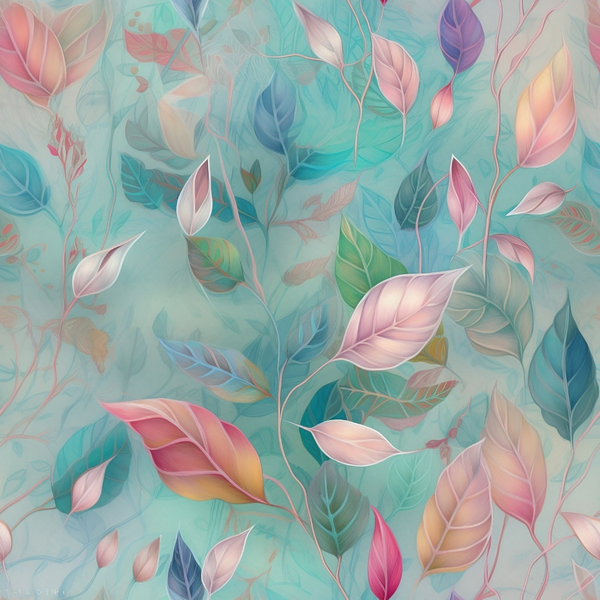 turquoise, teal, pink, coral, purple, lavender, watercolor leaves, botanical pattern, translucent foliage, dreamy atmosphere,, fabric panel, nature motif, soft pastels, layered design, whimsical style, ethereal mood, spring theme, delicate leaves, flowing pattern