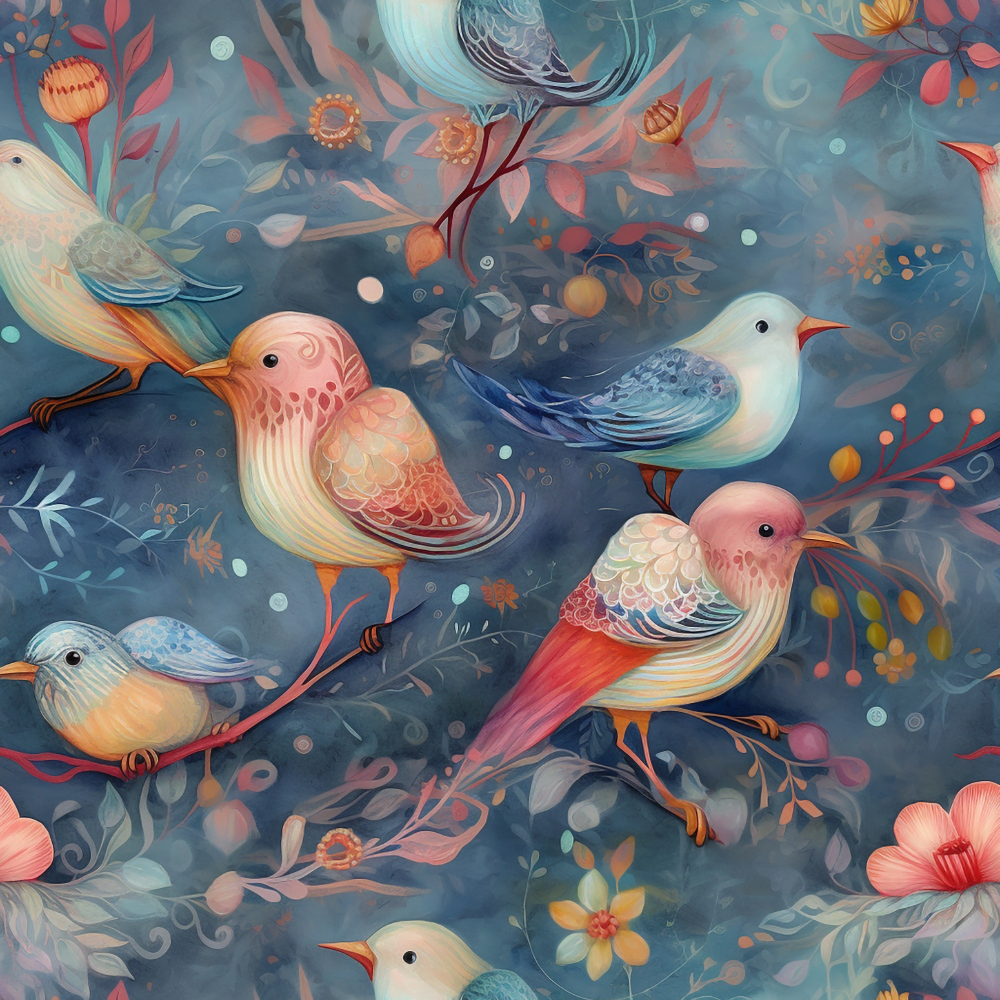 fabric panel, little birds, floral pattern, coral pink, dusty blue, sage green, peach, whimsical birds, botanical elements, decorative flowers, soft pastels, artistic illustration, nature motif, feminine colors, delicate design, charming birds, garden theme, pretty florals, crafting fabric