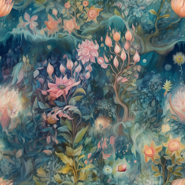 teal blue, coral pink, peach, sage green, floral pattern, botanical design, blooming flowers, rose blossoms, leafy vines, whimsical florals, dreamy atmosphere, soft pastels,, fabric panel, nature motifs, garden theme, flowing design, artistic florals, crafting material, sewing fabric