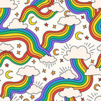 rainbow stripes, white clouds, colorful stars, crescent moons, wavy rainbows, purple stripes, orange stripes, yellow stripes, green stripes, blue stripes, red stripes, whimsical pattern, celestial elements, flowing ribbons, cheerful design, cotton fabric, quilting panel, bright colors, repeating motif, sky theme