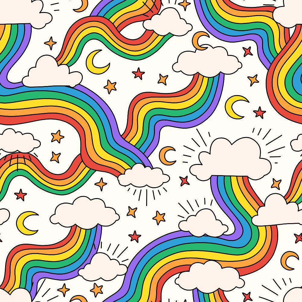 rainbow stripes, white clouds, colorful stars, crescent moons, wavy rainbows, purple stripes, orange stripes, yellow stripes, green stripes, blue stripes, red stripes, whimsical pattern, celestial elements, flowing ribbons, cheerful design, cotton fabric, quilting panel, bright colors, repeating motif, sky theme