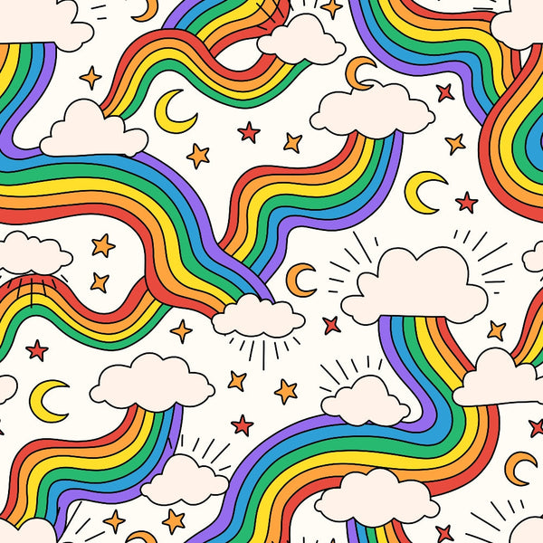 rainbow stripes, white clouds, colorful stars, crescent moons, wavy rainbows, purple stripes, orange stripes, yellow stripes, green stripes, blue stripes, red stripes, whimsical pattern, celestial elements, flowing ribbons, cheerful design, cotton fabric, quilting panel, bright colors, repeating motif, sky theme
