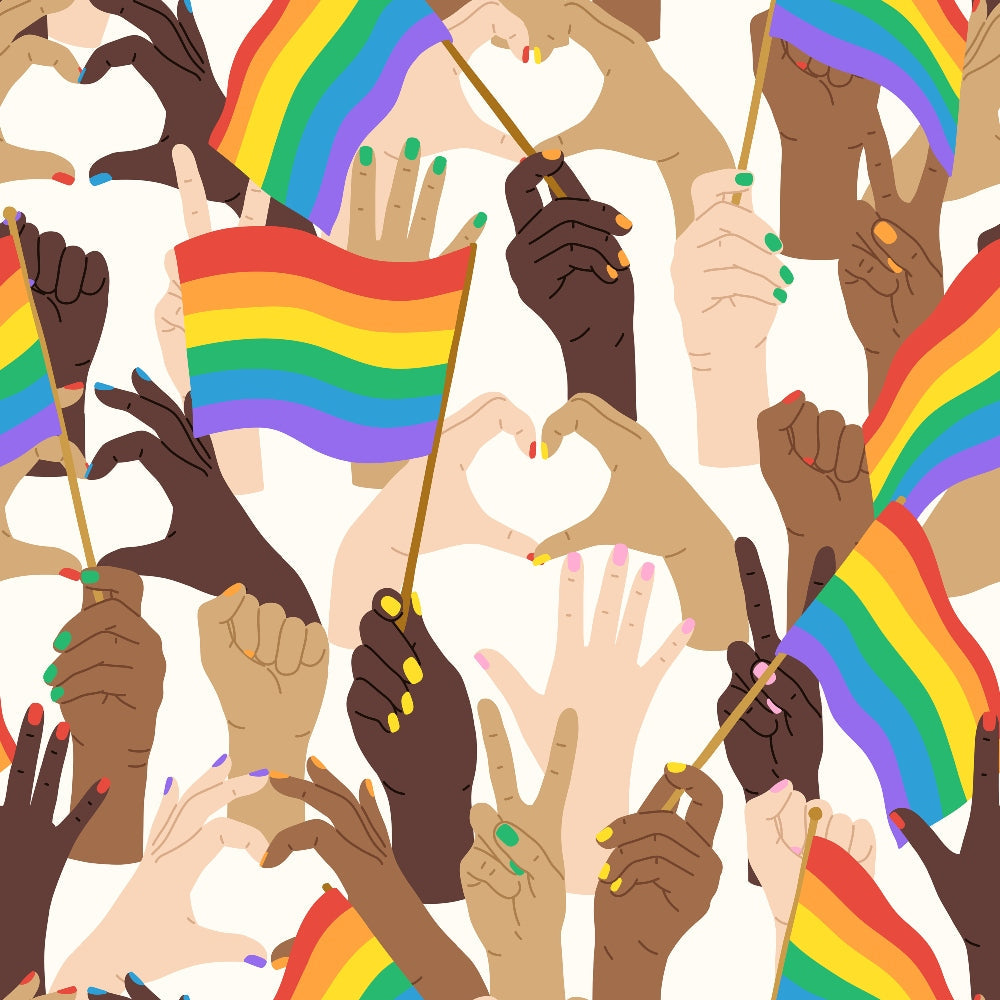 rainbow stripes, pride flags, diverse hands, colorful nail polish, heart shapes, peace signs, lgbtq+ theme, multicultural skin tones, raised fists, unity celebration, red, orange, yellow, green, blue, purple,, fabric panel, love theme, equality message
