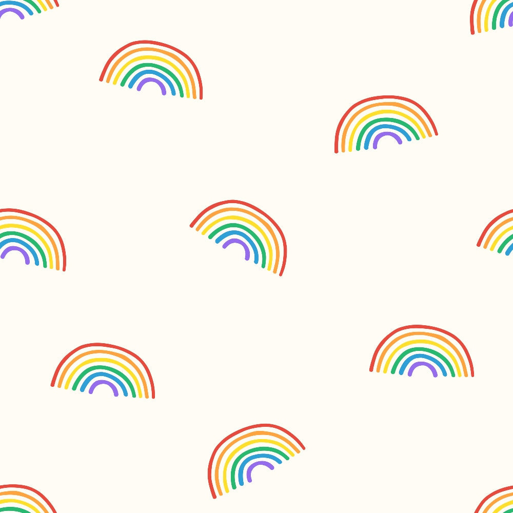 rainbow pattern, multicolored rainbows, red, orange, yellow, green, blue, purple, pride colors, geometric arcs, repeating motif, cheerful design, bright colors,, fabric panel, lgbtq theme, colorful stripes, curved lines, vibrant pattern, scattered placement