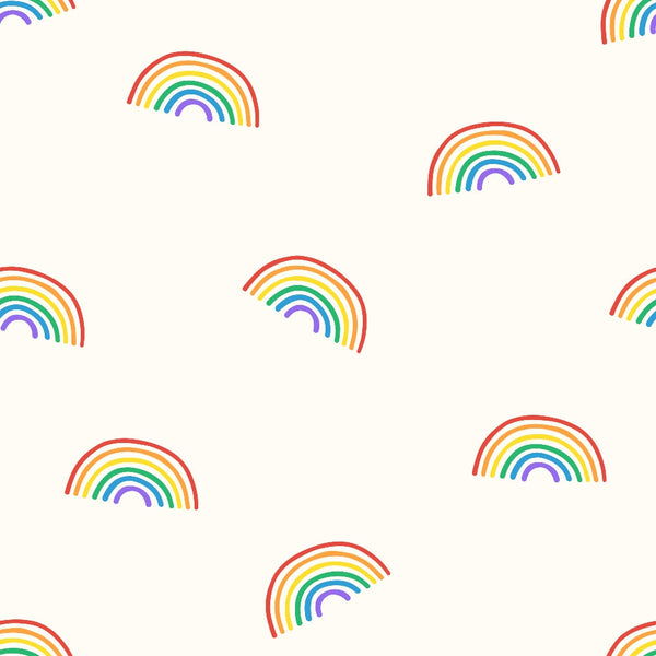 rainbow pattern, multicolored rainbows, red, orange, yellow, green, blue, purple, pride colors, geometric arcs, repeating motif, cheerful design, bright colors,, fabric panel, lgbtq theme, colorful stripes, curved lines, vibrant pattern, scattered placement