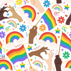 rainbow, pride flag, hands, heart shapes, flowers, stars, confetti, streamers, lgbtq symbols, red, orange, yellow, green, blue, purple, pink, white, diverse skin tones, celebration, love theme,, fabric panel, cheerful pattern, geometric shapes, repeating design, inclusivity motif