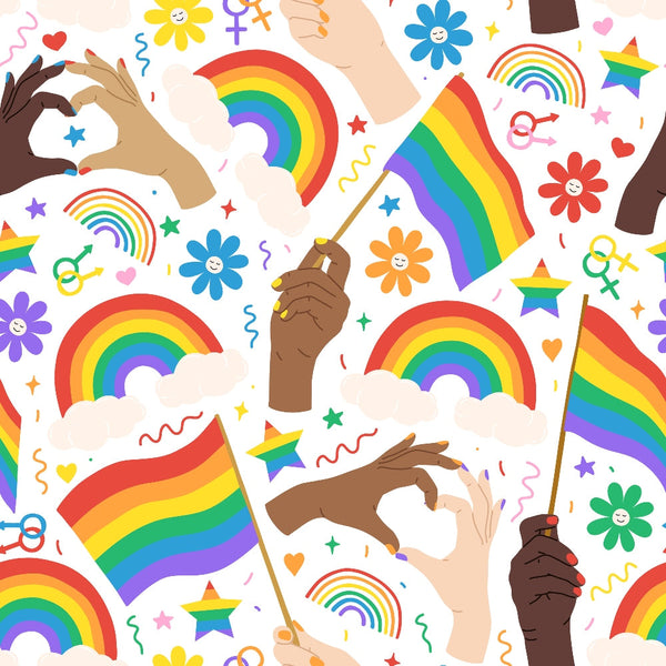 rainbow, pride flag, hands, heart shapes, flowers, stars, confetti, streamers, lgbtq symbols, red, orange, yellow, green, blue, purple, pink, white, diverse skin tones, celebration, love theme,, fabric panel, cheerful pattern, geometric shapes, repeating design, inclusivity motif
