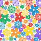 floral pattern, multicolored flowers, bright colors, rainbow flowers, purple blooms, yellow daisies, blue flowers, green petals, red blossoms, orange flowers, pink blooms, white centers, seamless repeat, whimsical style, cheerful design,, fabric panel, spring theme, botanical motifs, colorful garden