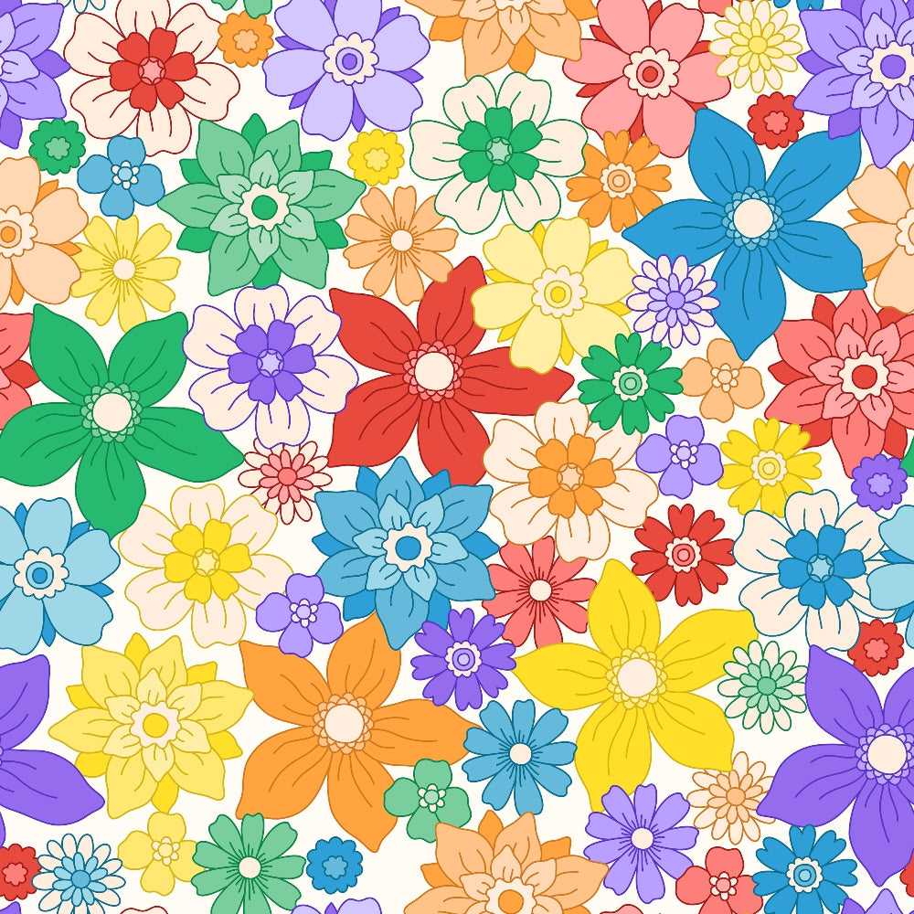 floral pattern, multicolored flowers, bright colors, rainbow flowers, purple blooms, yellow daisies, blue flowers, green petals, red blossoms, orange flowers, pink blooms, white centers, seamless repeat, whimsical style, cheerful design,, fabric panel, spring theme, botanical motifs, colorful garden