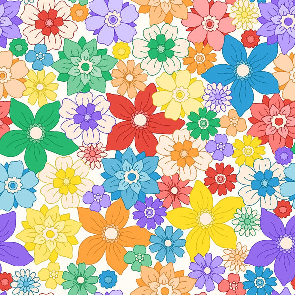 floral pattern, multicolored flowers, bright colors, rainbow flowers, purple blooms, yellow daisies, blue flowers, green petals, red blossoms, orange flowers, pink blooms, white centers, seamless repeat, whimsical style, cheerful design,, fabric panel, spring theme, botanical motifs, colorful garden