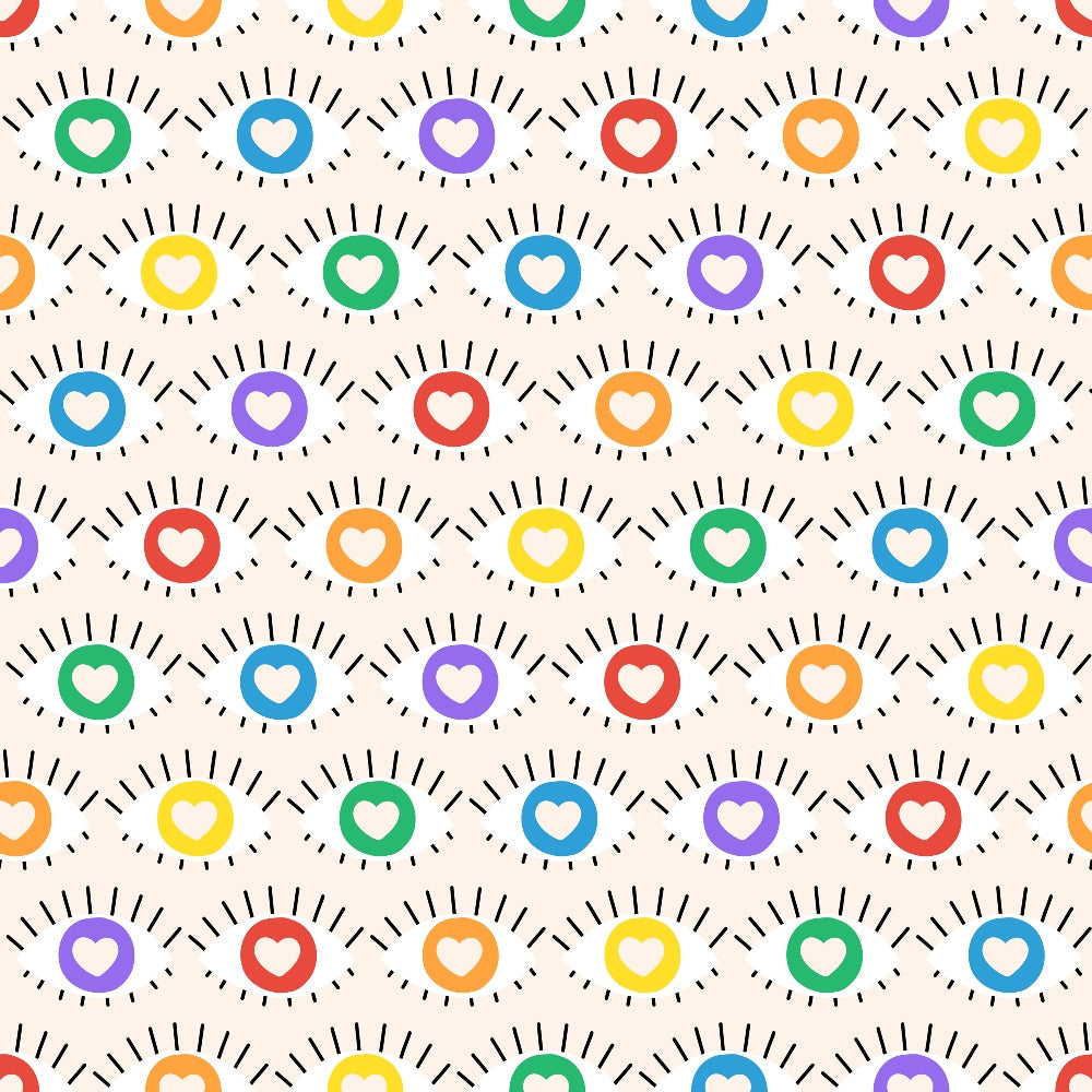 rainbow hearts, colorful circles, radiating lines, sun burst design, red hearts, blue hearts, green hearts, yellow hearts, orange hearts, purple hearts, white hearts, repeating pattern, geometric design, pride theme, love theme,, fabric panel, cheerful mood, bright colors, circular motifs