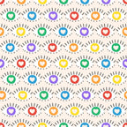 rainbow hearts, colorful circles, radiating lines, sun burst design, red hearts, blue hearts, green hearts, yellow hearts, orange hearts, purple hearts, white hearts, repeating pattern, geometric design, pride theme, love theme,, fabric panel, cheerful mood, bright colors, circular motifs