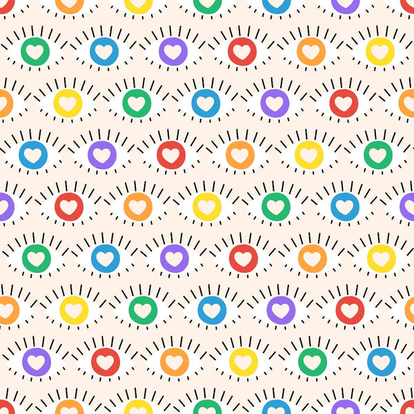 rainbow hearts, colorful circles, radiating lines, sun burst design, red hearts, blue hearts, green hearts, yellow hearts, orange hearts, purple hearts, white hearts, repeating pattern, geometric design, pride theme, love theme,, fabric panel, cheerful mood, bright colors, circular motifs
