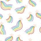 rainbow stripes, curved lines, flowing waves, pale pink stars, white background, red, orange, yellow, green, blue, purple,, fabric panel, lgbtq pride, rainbow colors, geometric patterns, love theme, bright colors, wavy stripes, star motifs